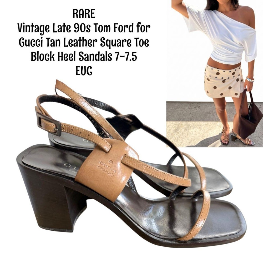 VTG.. 90s Tom Ford for Gucci Tan Leather Square Toe Block Heel Sandals 7-7.5 EUC
